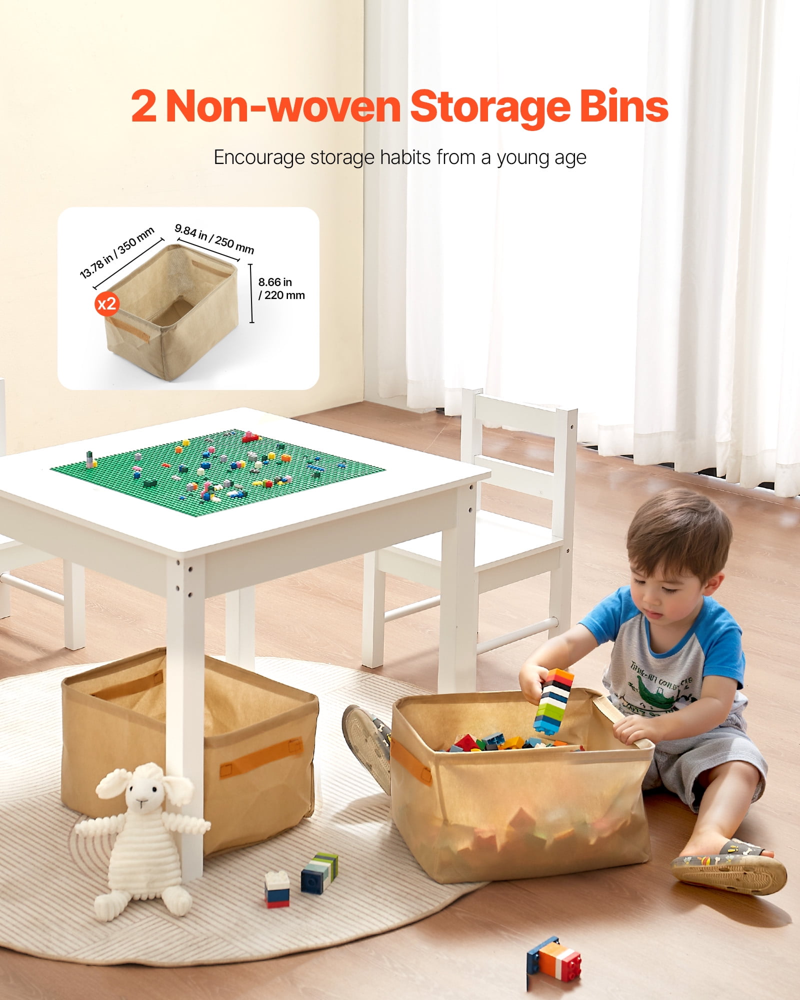 VEVOR Kids Activity Table and 2 Chairs Set, Building Blocks Double-Sided Tabletop, Toddler Table and Chair Set with Storage for Kids 3+ Years, Large Storage Space, Present for Boys & Girls, White