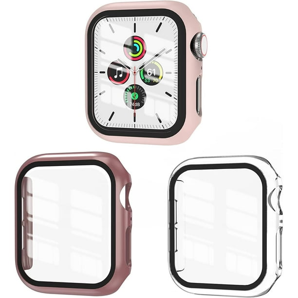 3 Pack Case Compatible with Apple Watch SE Series 6/5/4 44mm with Tempered Glass Screen Protector, Hard PC Full Coverage Ultra-Thin HD Bumper Cover for iWatch 44mm, Rose Gold/Pink/Clear
