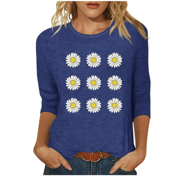 Tops de Cuello Redondo para las Mujeres Moda Impresa 3/4 Mangas Blusa Casual Top, Estante de Imitación
