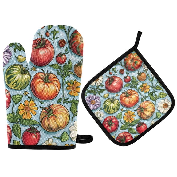 Yayeee Oven Mitts and Pot Holder Set of 2 Heat Resistant Kitchen Gloves Baking Hot Pad, Floral Tomatoes