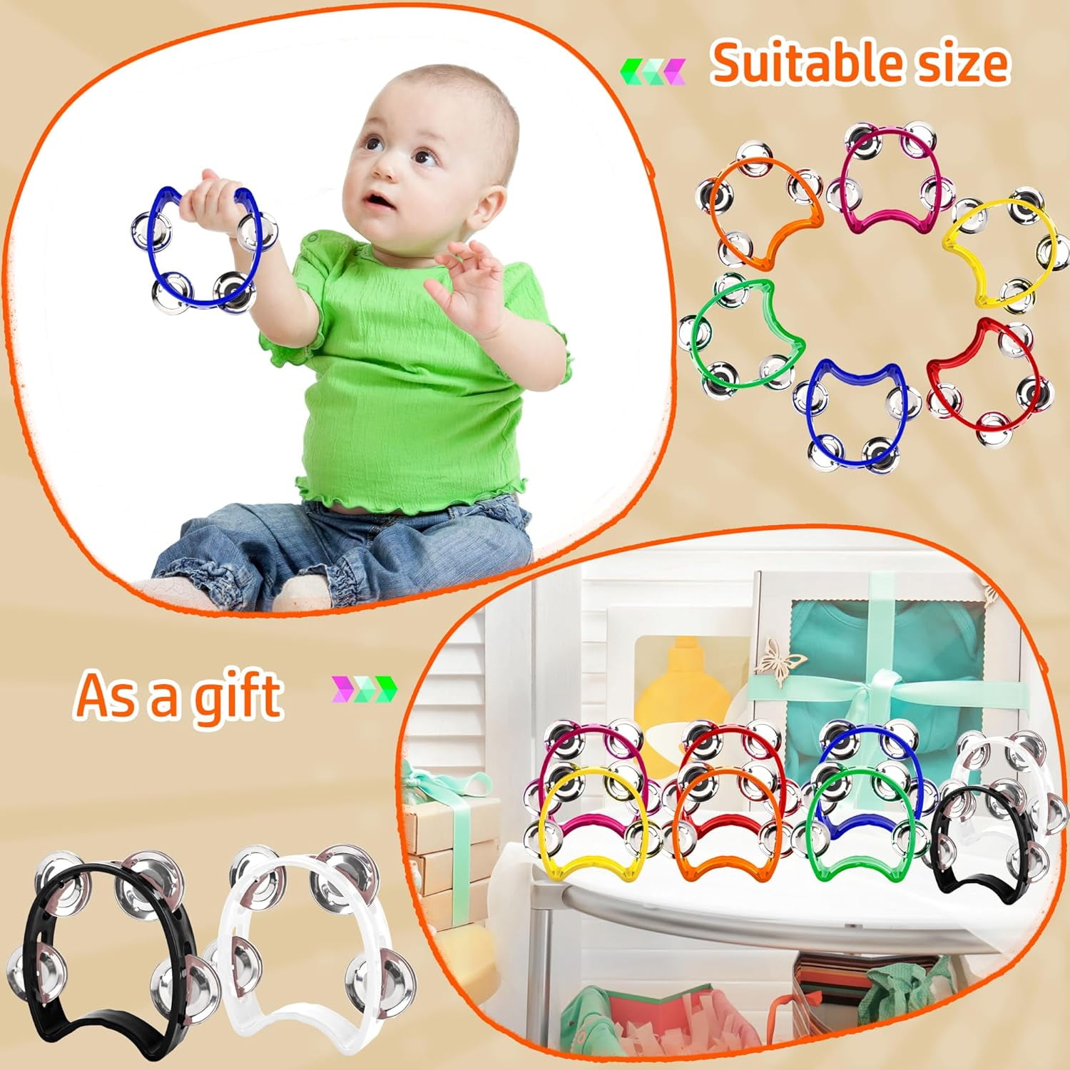 8-Piece Mini Tambourine Set – Colorful Plastic Handheld Tambourines with 4 Jingle Bells Each, Fun Percussion for Kids & Adults in Party, School, and Performance (8 Colors)-dh