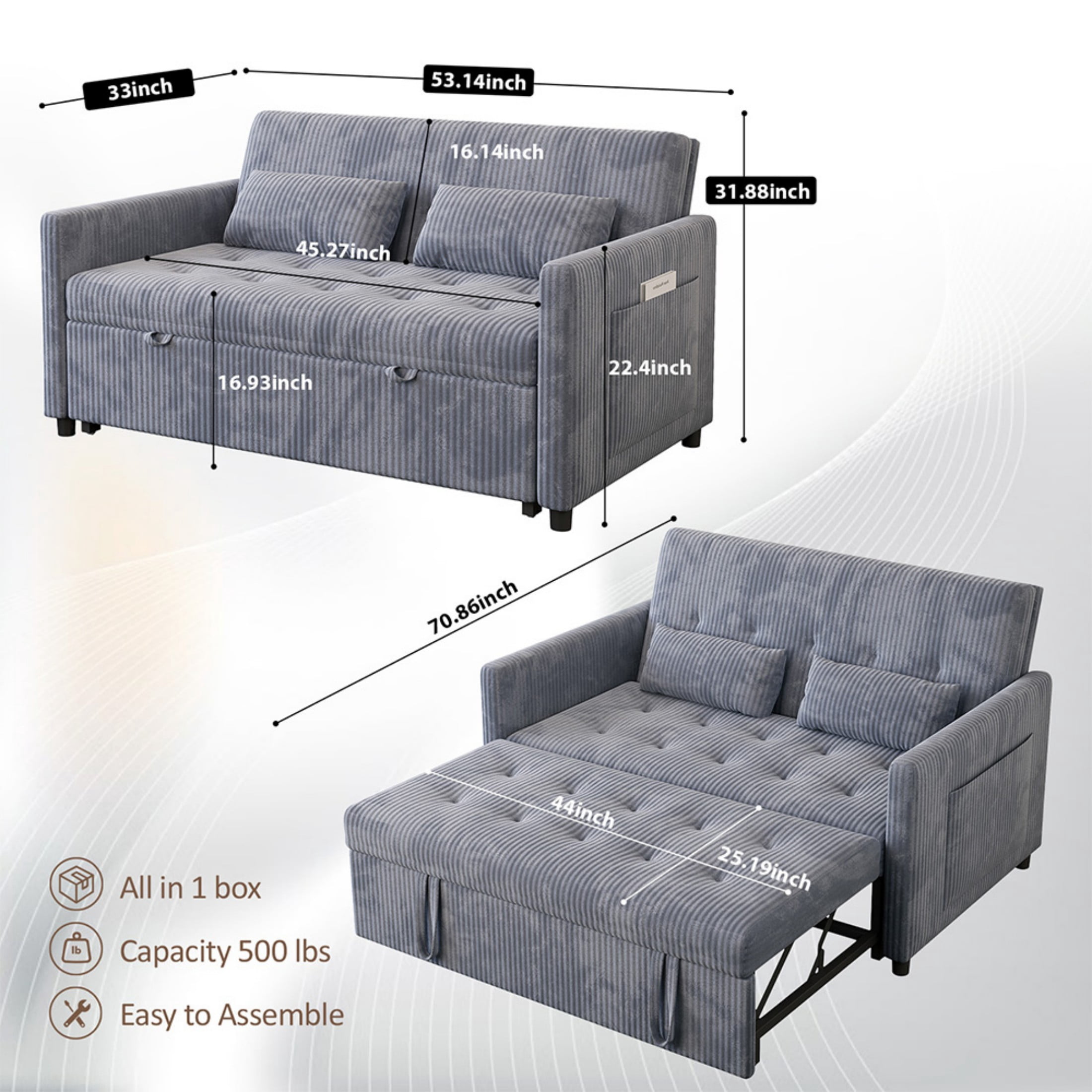Loveseat Sleeper Sofa,Convertible Sofa Bed,3-in-1 Modern Couch with Pull Out Bed,Sofa Bed with Pockets and USB for Small Spaces,Grey