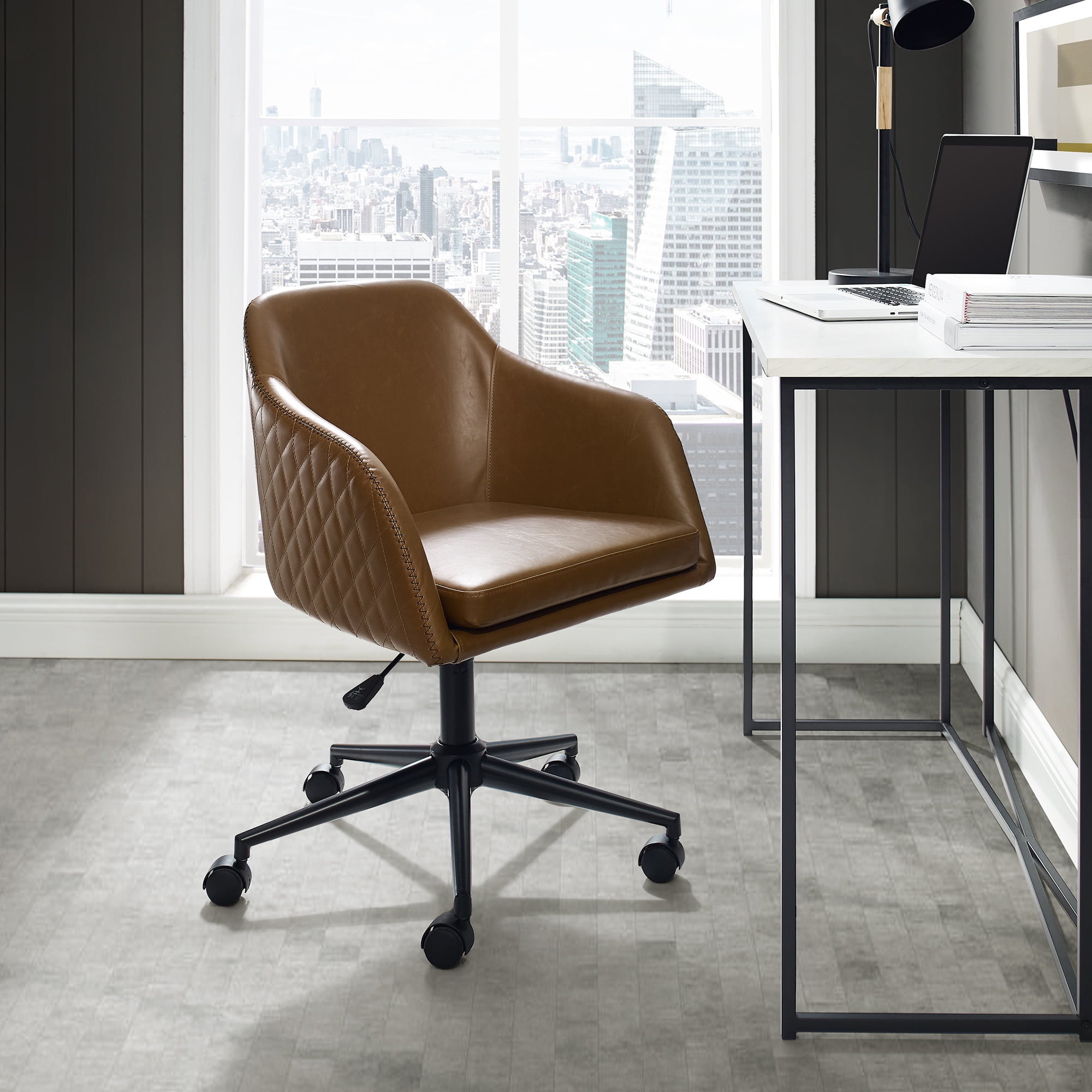 Manor Park Mid Century Modern Barrel Swivel Office Chair, Whiskey Brown