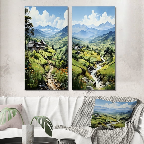Designart "Lush Highlands of Sapa, Vietnam I" Art Mural du Vietnam Ensemble de 2 - Ensemble de Toiles Paysages Rouges pour Décoration de Salon