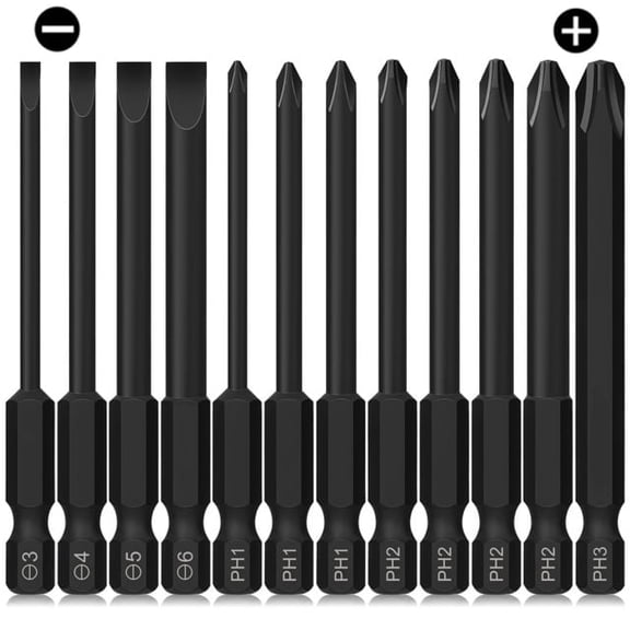 12Pcs Magnetic Flat Slotted Phillips Cross Head Screwdriver Bit Set, 1/4” Hex Shank for Impact Power Tool(SL3-SL6;PH-PH3), S2 Steel, 3" long