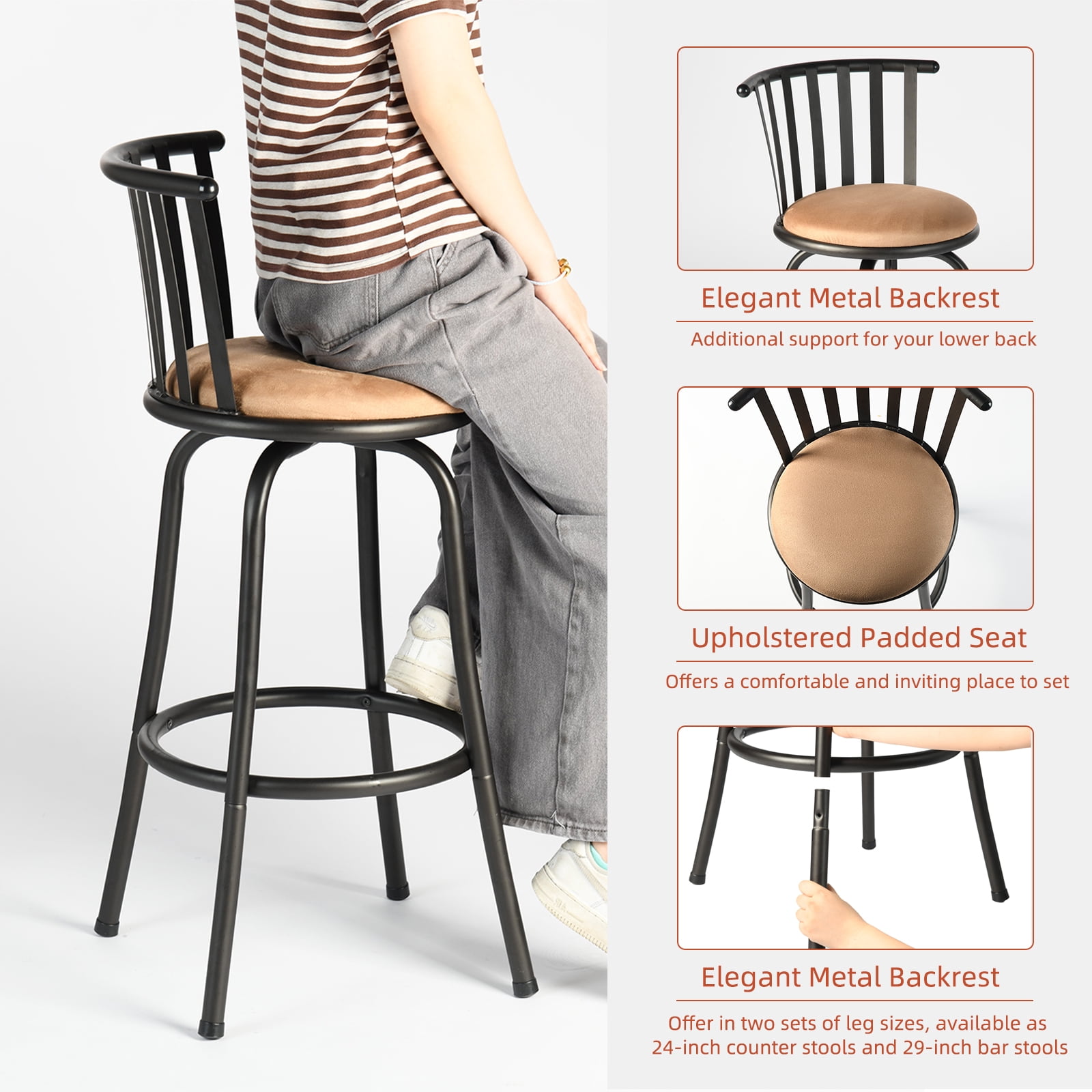 Homy Casa Swivel Bar Stools Set of 3, 29 inch Bar Height Modern BarStool for Home Kitchen Island, Brown