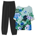 thumbnail image 5 of DDAPJ pyju Womens Cotton Linen 2 Piece Outfits Dressy Floral Print Half Sleeve Blouse Tops with Elastic Waist Capri Pants Suits Plus Size Lounge Matching Set Blue M, 5 of 6