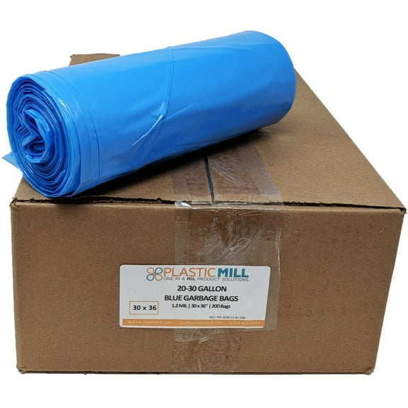 PlasticMill 20-30 Gallon, Blue, 1.2 MIL, 30x36, 200 Bags/Case, Garbage Bags / Trash Can Liners.