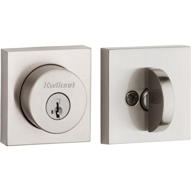 Kwikset Halifax Cerradura de cerrojo, puerta de entrada frontal con llave exterior cuadrada de níquel satinado, seguridad SmartKey Rekey resistente a golpes, cerrojo de un solo cilindro, con protecció