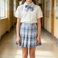 thumbnail image 4 of Coerni Girls Preppy Outfit 3PC Set Puff Sleeve Collared Shirt with Bowtie & Plaid Pleated Skirt School Uniform Clothes for 3-14Y Kids, 4 of 5