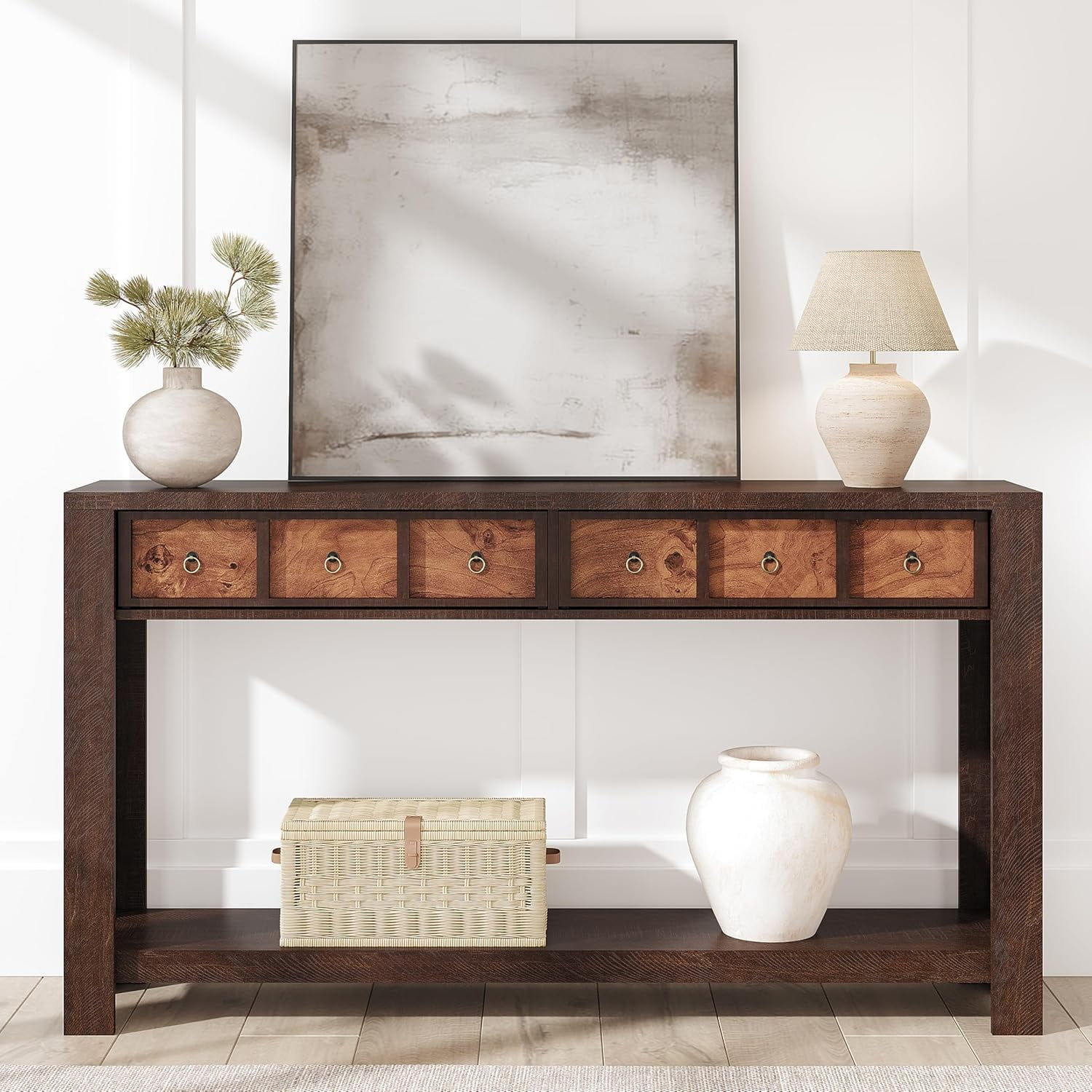 Entryway Table, 59" Console Table Narrow Sofa Table Behind Couch, Farmhouse Entry Table with 2 Drawers, 2-Tier Open Shelf Hallway Foyer Table, Reinforced l-Shape Legs, Color Blocking
