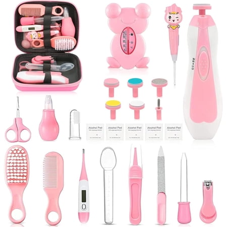 Baby Healthcare and Grooming Kit 26 in 1 Portable Baby Safety Care Set with Hair Brush Comb Nasal Aspirator Electric Nail Trimmer Set Baby Essentials kit for Newborn Boys Girls (Pink)