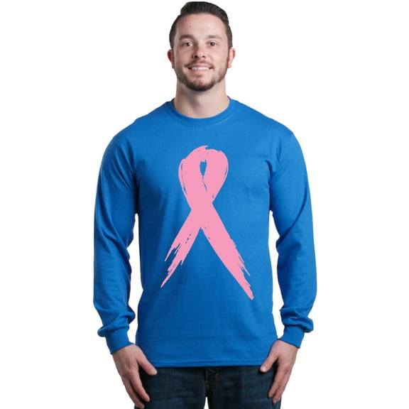 Shop4Ever Men's Pink Breast Cancer Ribbon Awareness Support Long Sleeve Shirt Large Royal Blue