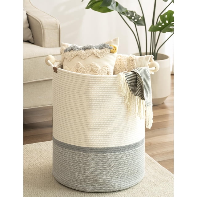 StorageWorks Cesta para la colada de cuerda de algodón de 72 L con asas de cuentas de madera, cesta tejida para almacenamiento, ropa sucia, juguetes para niños, toallas, blanco y gris