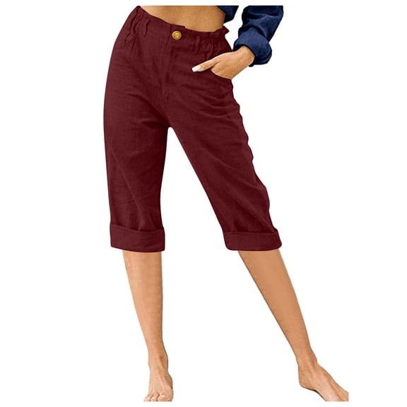 biudgviw Capri Pants for Women High Waisted Cropped Pants Cuffed Hem Solid Color Straight Leg Summer Linen Pants with Pockets
