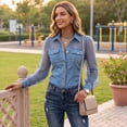 thumbnail image 5 of Domzest Women’s Vintage Faux Denim Shirt Sheer Mesh Long Sleeve Denim Tops Button Down See Through Jean Top with Chest Pocket Light Blue S, 5 of 7