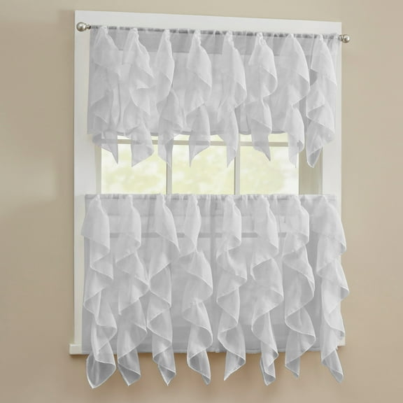 Sheer Voile Vertical Ruffle Window Kitchen Curtain 36" Tiers & Valance Set