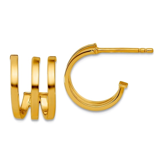 14k Solid Yellow Gold Polished 3-row Post J-hoop Earrings 12.5x10.7mm Wide 8.86mm Thick Hoop Earring for Women