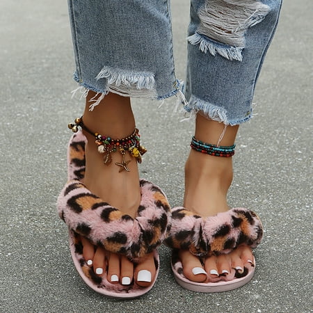 

STEADY Leopard Cross Slippers Female Home Open Toe Fashion Plush Cotton Slippers Pink / 38