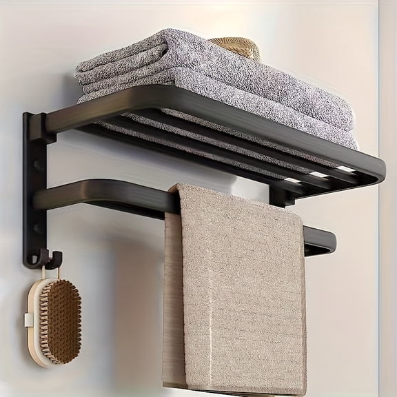 QUTETN Foldable Wall-Mounted Towel Rack with Shelf – Black Metal Bathroom Organizer with Hanging Bar & Hooks – Space-Saving Design for Small Bathrooms