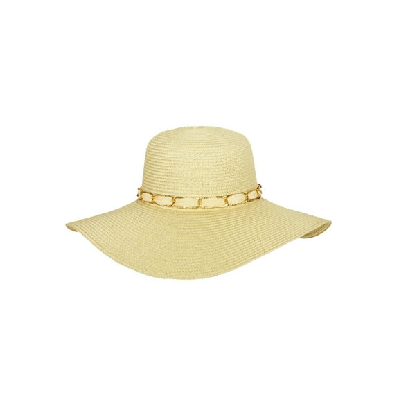 Chic Headwear Large Floppy Paper Braid Sun Hat w/ Chain Link, Beige