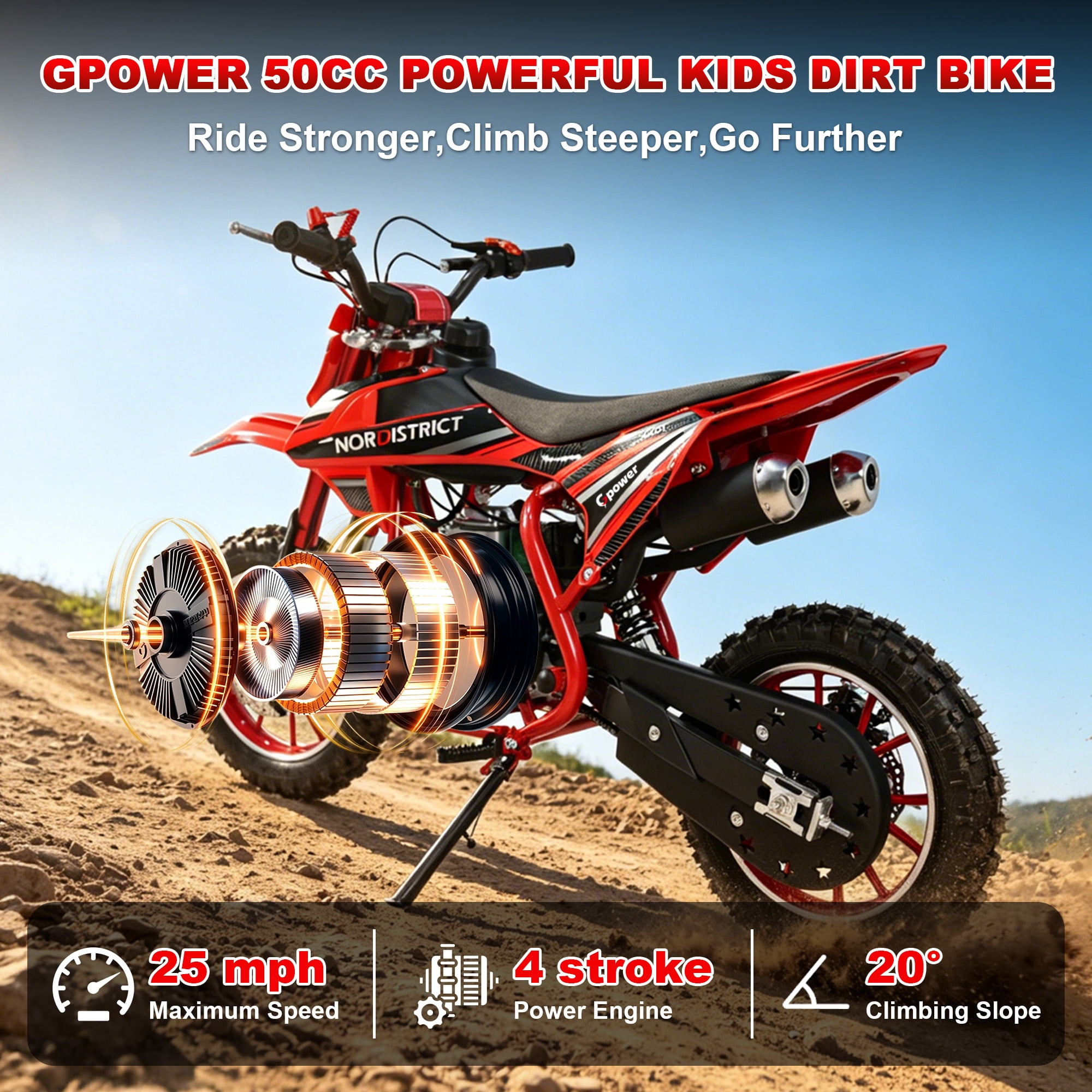 Gpower 50cc 4-Stroke Dirt Bike for Kids 8-14, Gas Power Mini Dirt Bike,1-Seater,Red