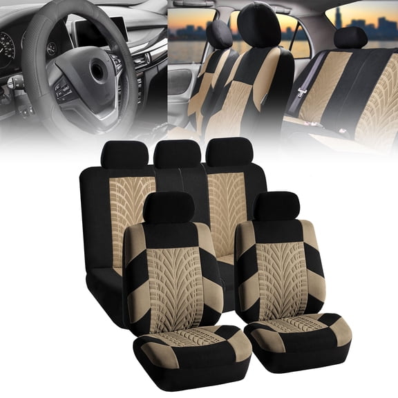 FH Group Beige Universal Auto Seat Covers Full Set for SUV Car w/ Front & Rear Floor Mats