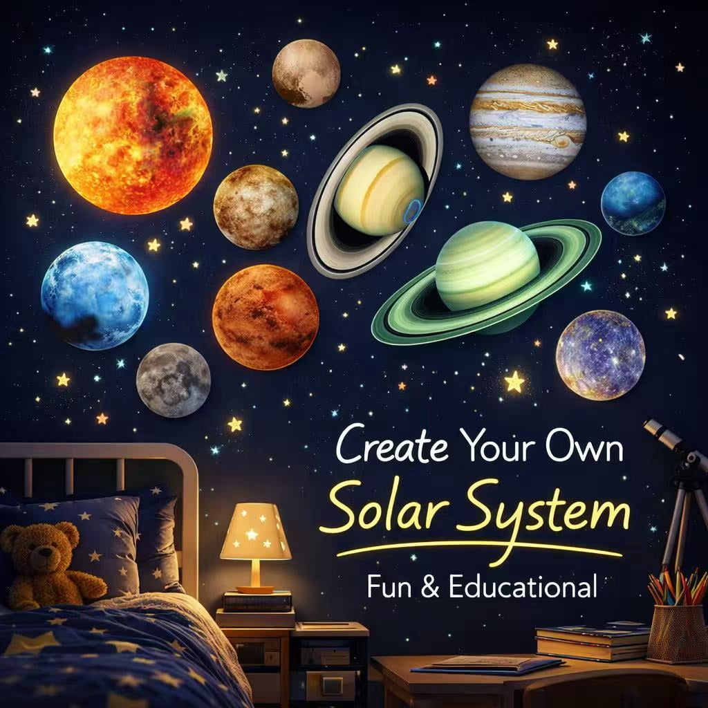 Glow in the Dark Solar System Wall Stickers for Kids Room, Sun Moon Earth Planet Decals, Space Wall Decor for Bedroom Ceiling