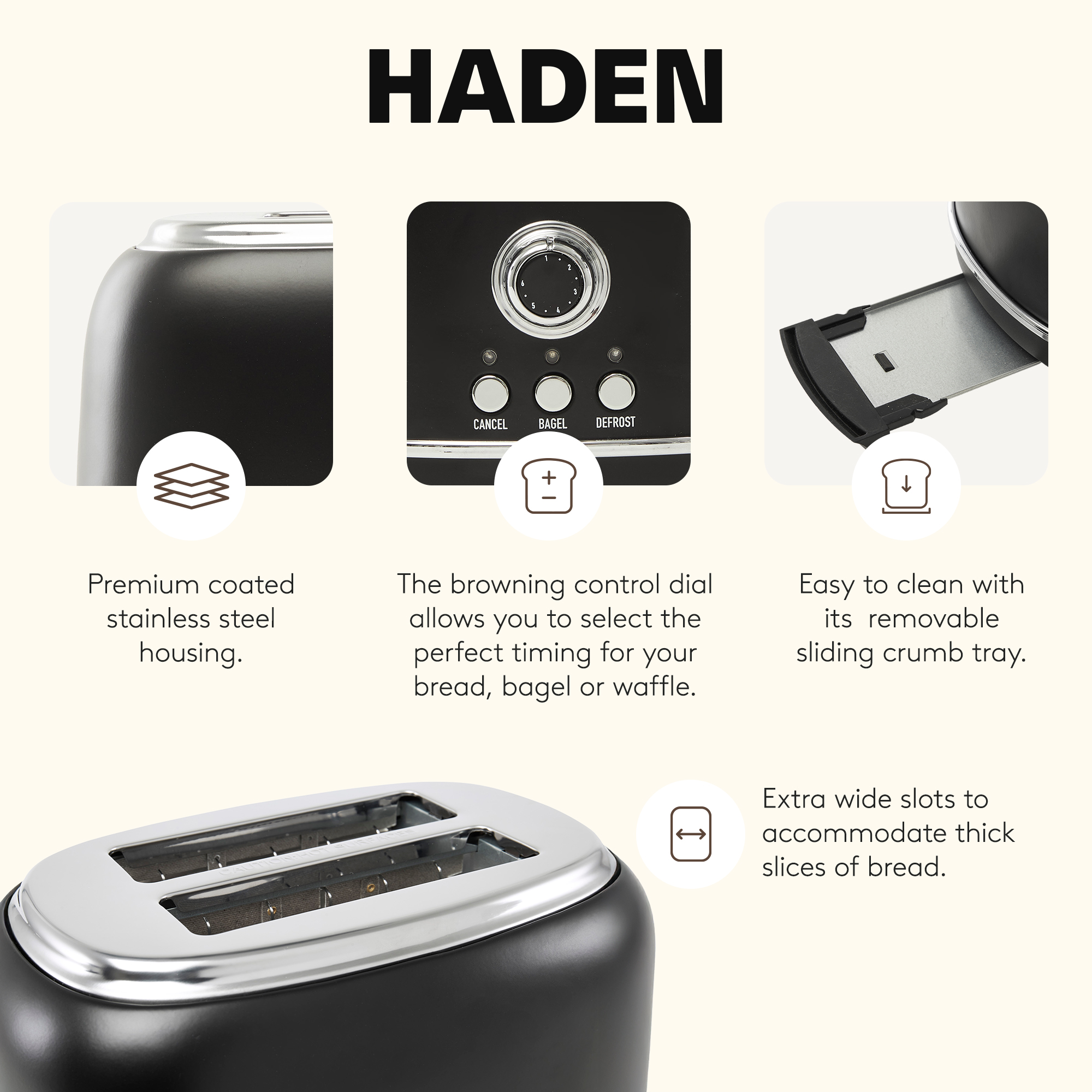 Open Box Haden Heritage 2 Slice Wide Slot Toaster w/Crumb Tray, Black/Chrome