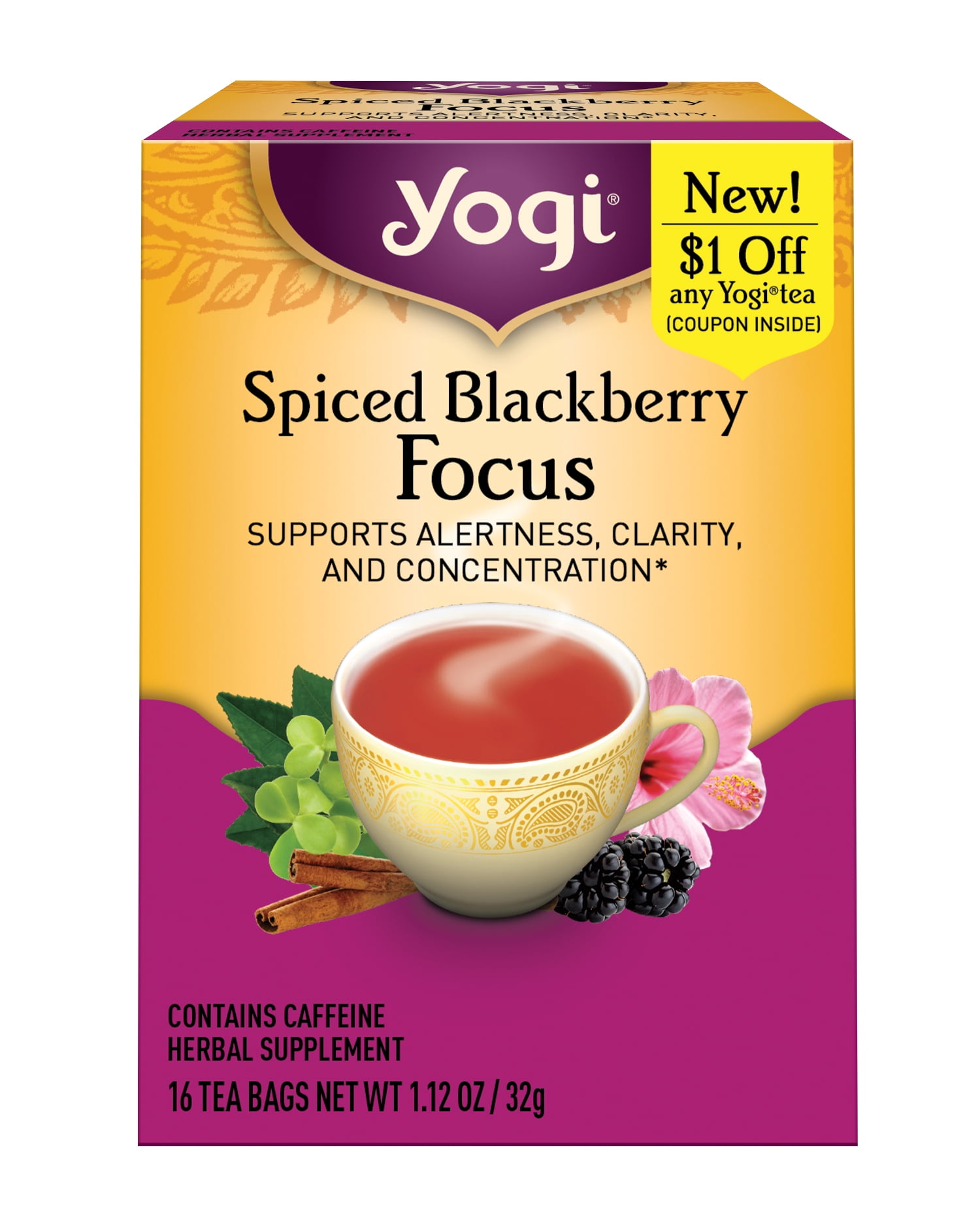 Yogi Tea Spiced Blackberry Focus, Black Tea, Wellness Tea Bags, 6 Boxes