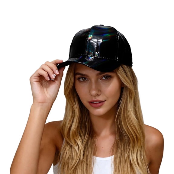 Wdgfv Unisex Shiny Metallic Leather Baseball Cap Adjustable Rainbow Reflective Hop Hat Black One Size