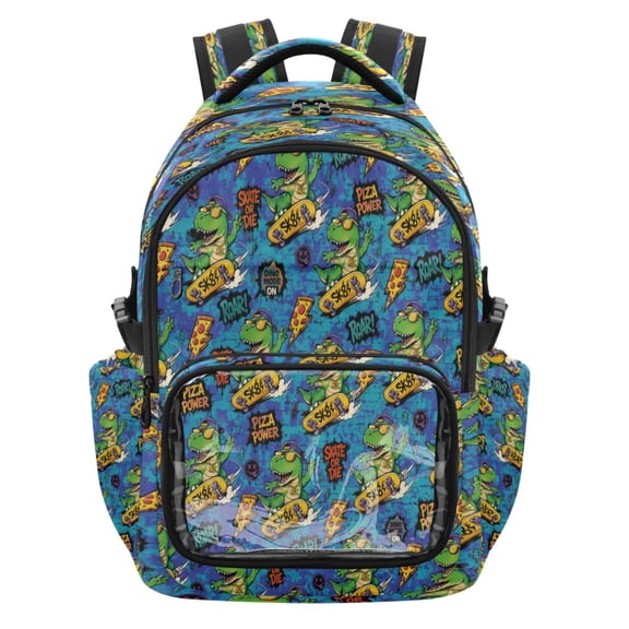 Qxltty Blue Graffiti Skate Dinosaur Backpack School Bookbag with Clear PVC Front Pocket, Laptop Compartment, Water Resistant Travel Daypack for Students