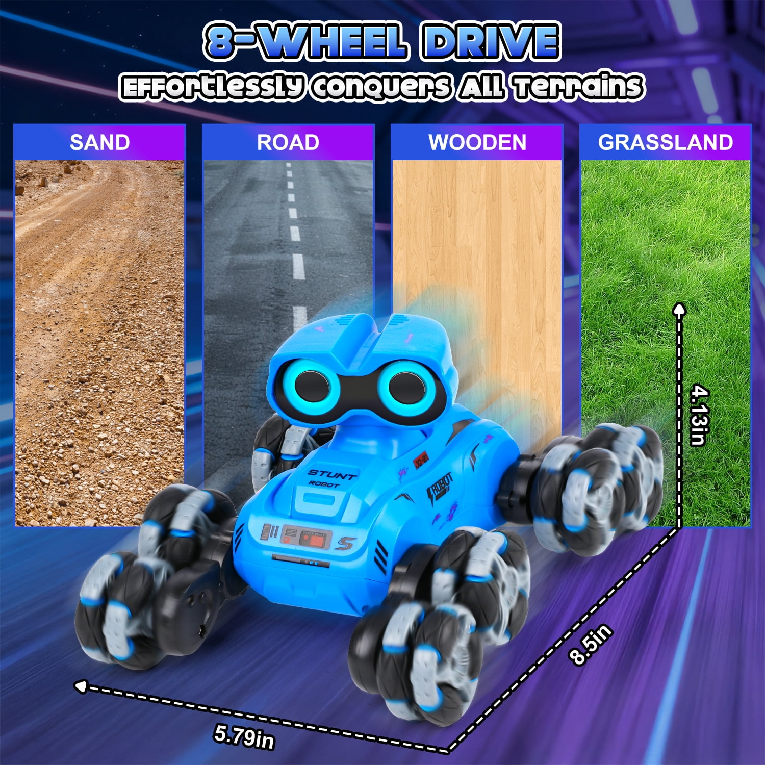HopeRock RC Stunt Car Robot Toy for Boys Ages 2-6, 8-Wheel with LED Eye Lights, Music, Dance, All-Terrain & 360° Spins, Remote Control Robot Christmas Birthday Gift for Boys 3-12 Years Old.