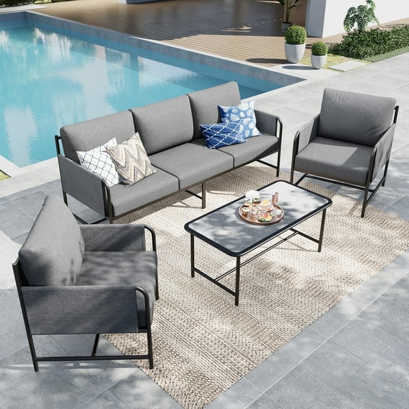 MF Studio 5-Seat Modern Minimalism Patio Furniture Set with Coffee Table, Metal Patio Conversation Set with Wide & Deep Seat, Gray