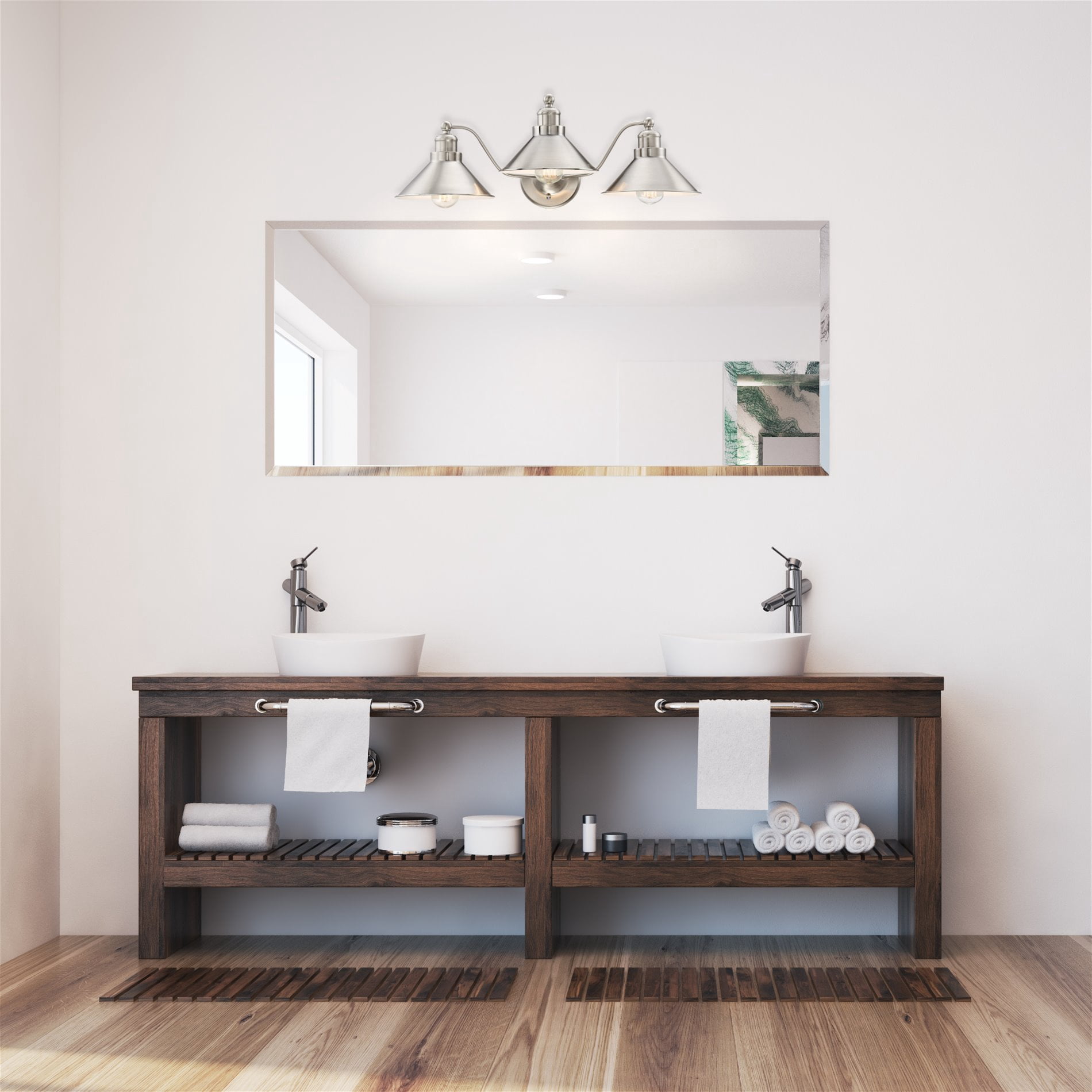 Kira Home Welton 25.5" 3-Light Modern Farmhouse Bathroom Light, Vintage Vanity Barn Light, Brushed Nickel Finish