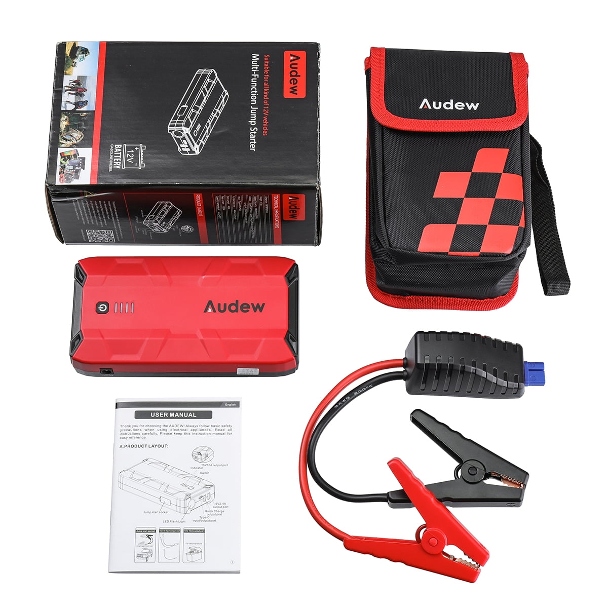 ,12V Power Pack Jumper Start & Phone Charger with USB Port Portable Car Battery Charger Jump Starter,1000A Peak Auto Jump Box Cables & LED Flashlight 1119 Up to 6L Gas or 4L Diesel Engine