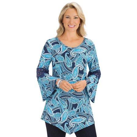 Paisley Print Bell - women's blue paisley print crochet inset bell sleeve tunic top with scoop neckline, xx-large, navy - made in the usa