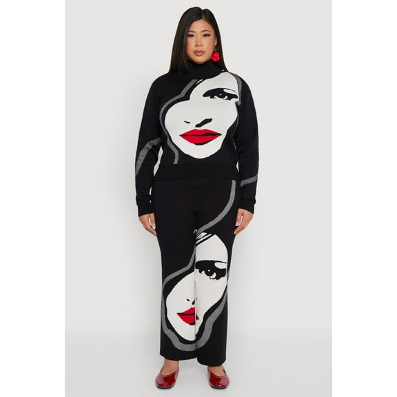 Womens Plus Size Ribbed Knit Face Graphic Wide Leg Pants