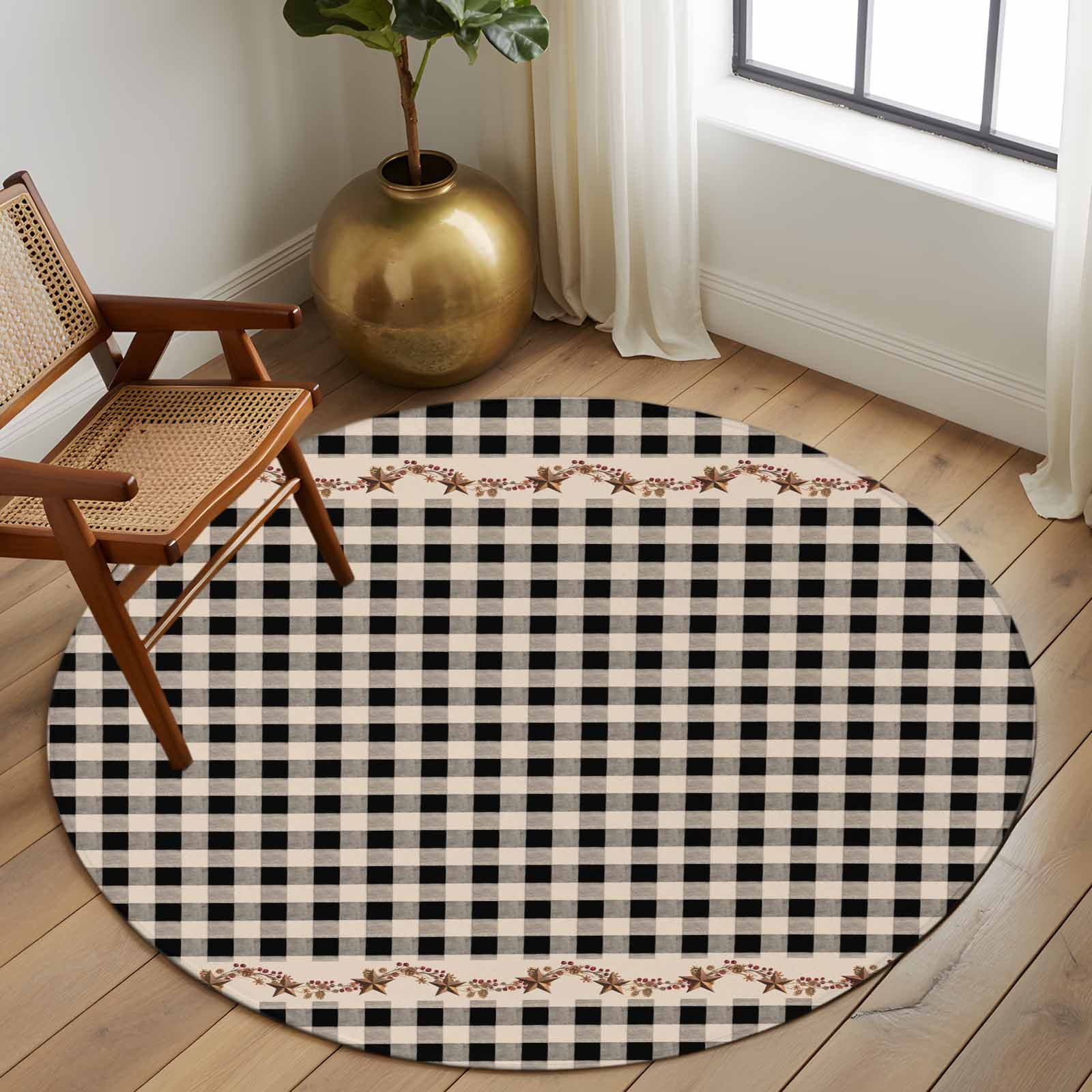 Round Rug 6Ft Washable Non-Slip, Western Texas Star Retro Circle Area Rugs for Living Room Bedroom, Country Vintage Black Beige Plaid Indoor Floor Mats Carpet Runner for Home Decor Aesthetic