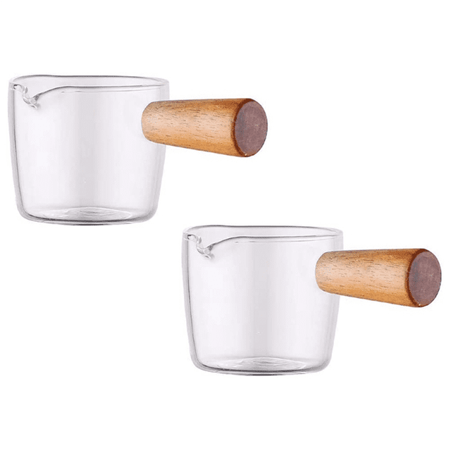 8PCS Transparent Glass Creamer with Wooden Handle, Mini Coffee Milk Creamer Pitcher. 50Ml