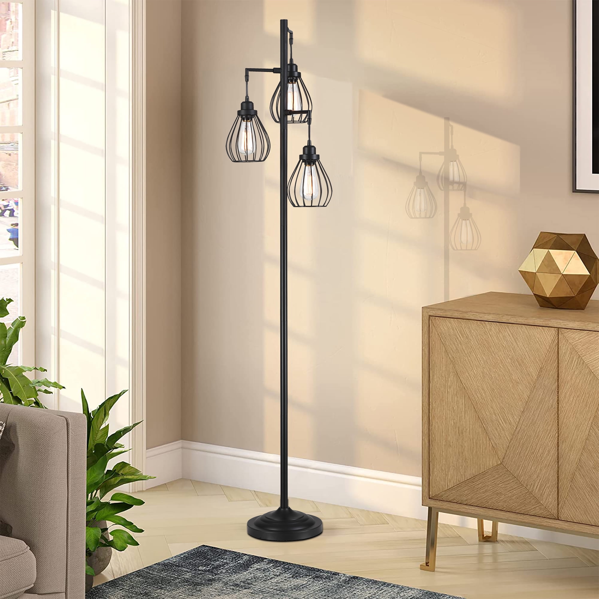 69" Industrial Floor Lamps for Living Room, Metal Dimmable Standing Tree Floor Lamp with and Hanging Steel Cage Shade