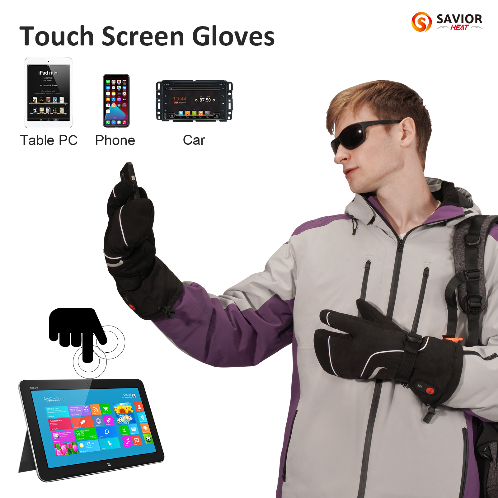 SAVIOR HEAT Heated Gloves Men and Women Winter Heated Gloves Heated Gloves Rechargeable Battery Waterproof and Warm Touch Screen Winter Ski Gloves Suitable for Skiing, Work, Riding, Hiking