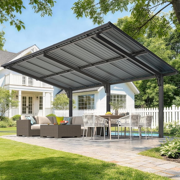 AECOJOY 16'x10' Lean to Hardtop Metal Carport Gazebo, 10x16 Outdoor Freestanding Pergola Gazebo on Clearance for Patio, Large Pergolas and Gazebos with Heavy Duty Steel Roof Awnings for Decks