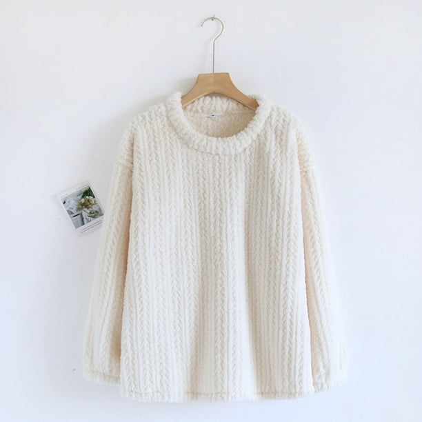 Pijama de manga larga para mujer, de invierno, de color liso, de franela gruesa con forro polar añadido, de manga larga, cálido, para el hogar, de poliéster.