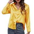 thumbnail image 2 of Womens Blouses Autumn Winter Satin Silk Solid Color Lapel Long Sleeve Loose Casual Tops Streetwear, 2 of 6