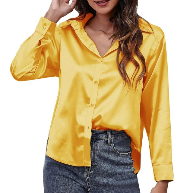Camisa de manga larga de satén para mujer - Blusa de imitación de seda con ribete en contraste - Moda europea americana para el trabajo/vestir informal