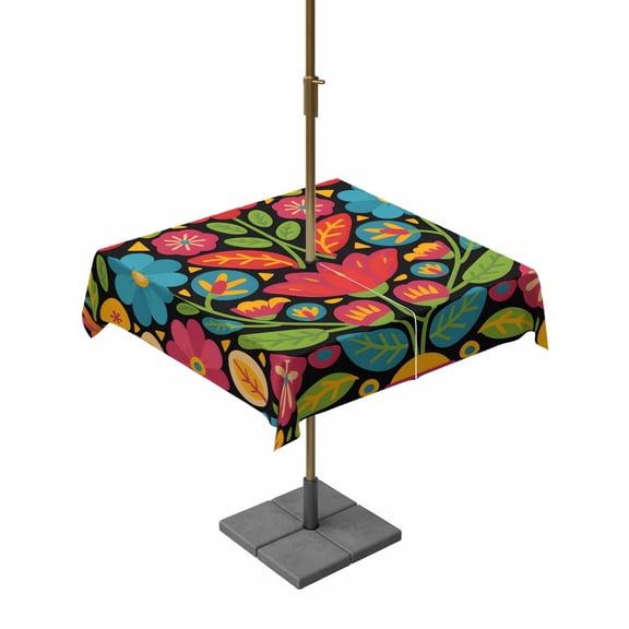 Outdoor Table Cloth with Umbrella Hole and Zipper, Flower Waterproof Square Tablecloth 60"x60", Red Blue Yellow Colorful Mexico Tribal Washable Table Cover for Outside Party Patio Picnic