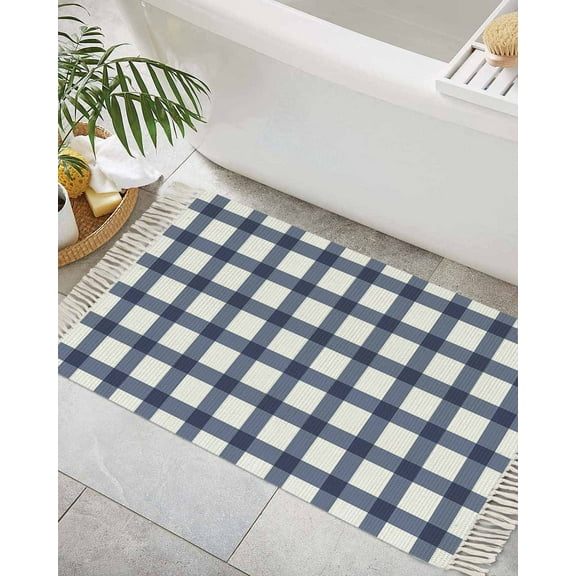 Farm Blue Plaid Bath Rug 2x3ft Woven Bathroom Entryway Runner Rug, Washable Living Room Hallway Bedroom Kitchen Carpet with Tassels, Non-Shedding Indoor Outdoor Throw Doormat