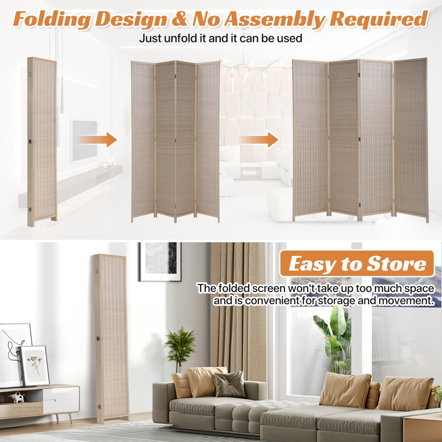Bamboo Room Dividers with 4 Panel Folding Privacy Screen for Room Separation 72" Room Partitions and Dividers Freestanding Wall Divider for Home Office, Bedroom, Natural