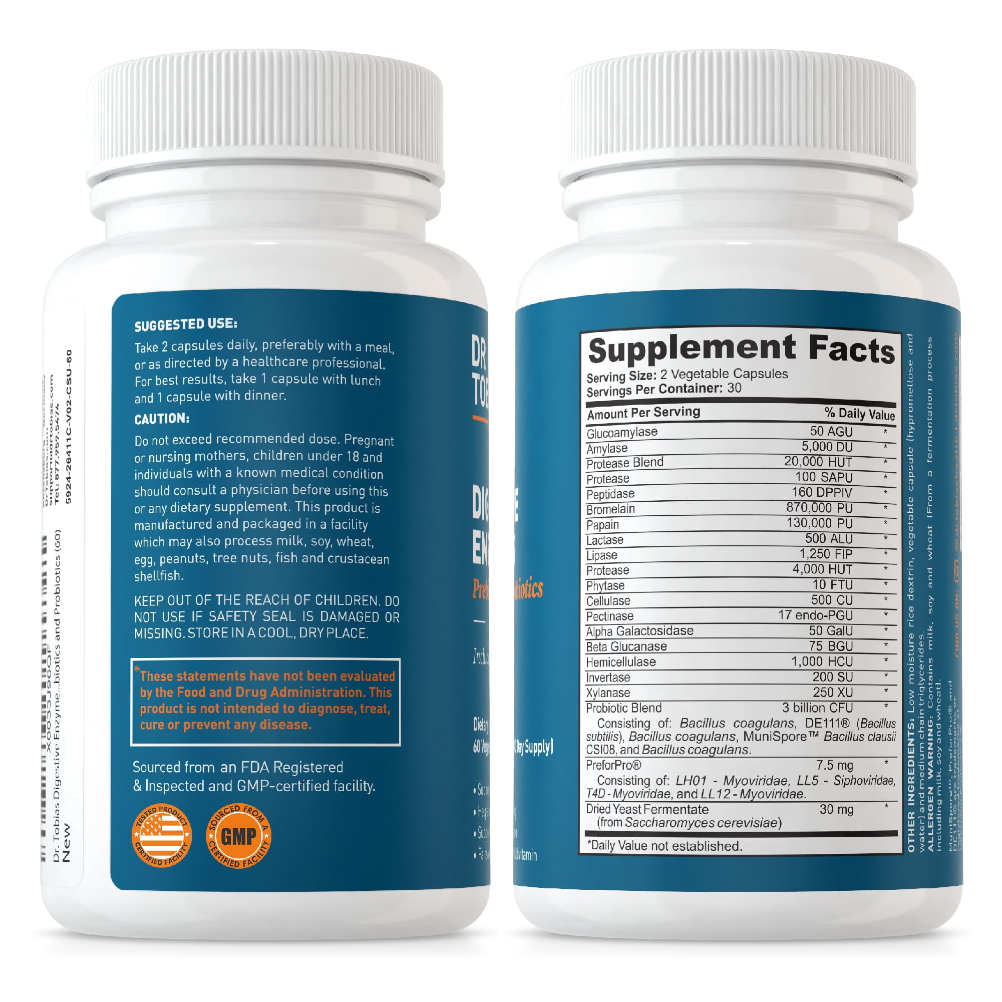 Dr. Tobias Deep Immune Probiotics & Prebiotics - Dual Action Digestion & Immune Support with PreforPro Prebiotics & Delayed Release Spore Forming Probiotics for Women & Men - 60 Capsules (30 Servings